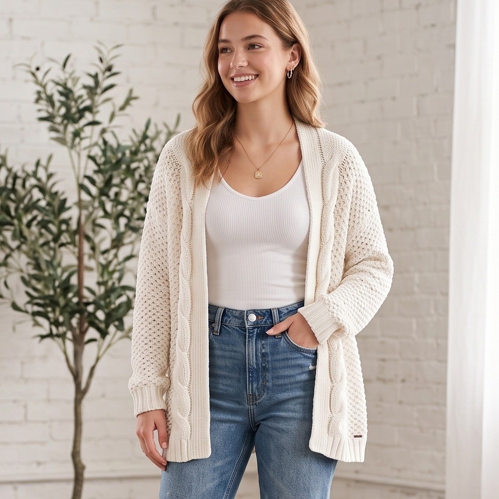 Hollister Cardigan Women S Cream Excellent Chenille Cable Knit Open Front Soft